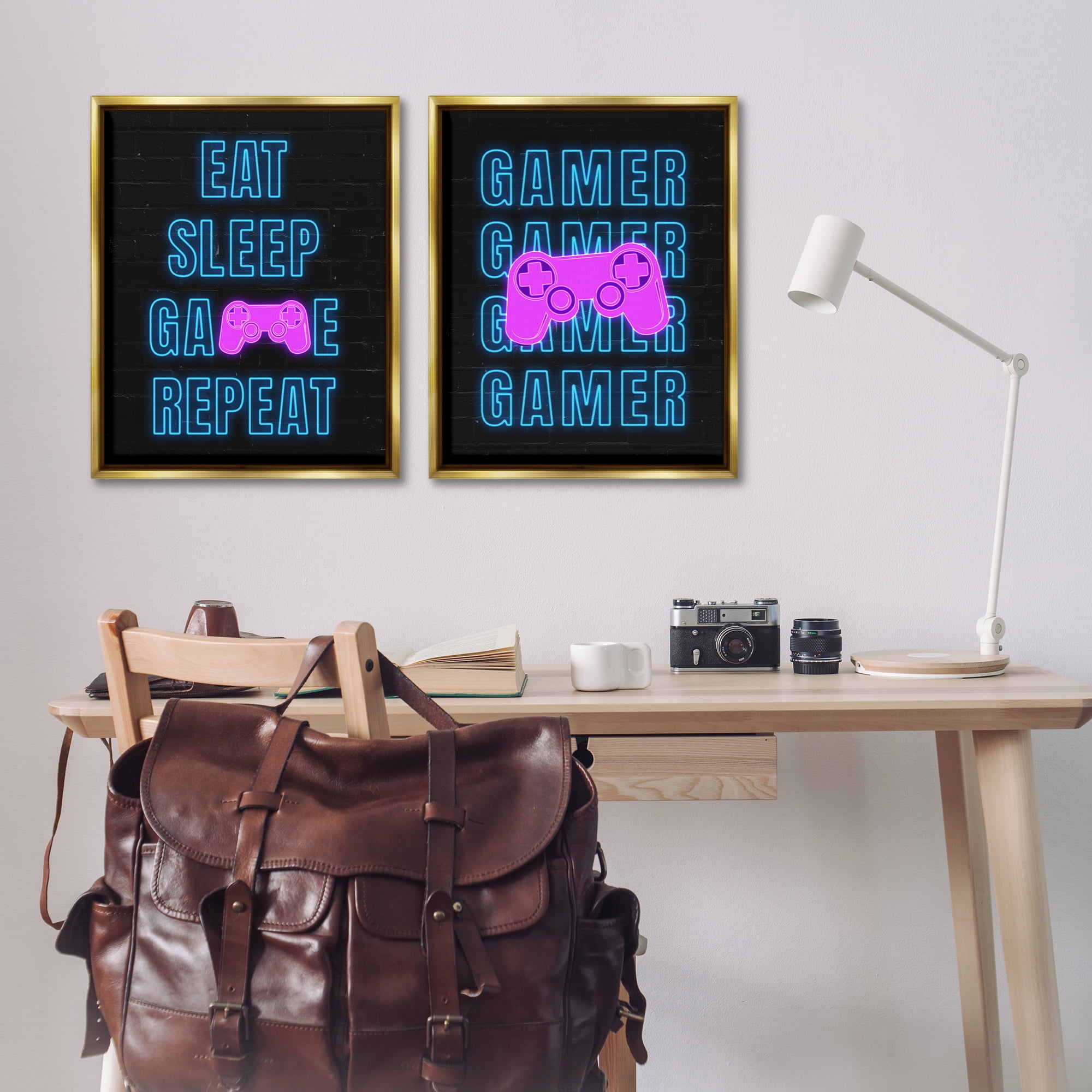 Stupell Industries Neon Gamer Eat Sleep Entertainment Painting Gold Floater Framed Canvas Art Print Wall Art, 31 x 25, Set of 2
