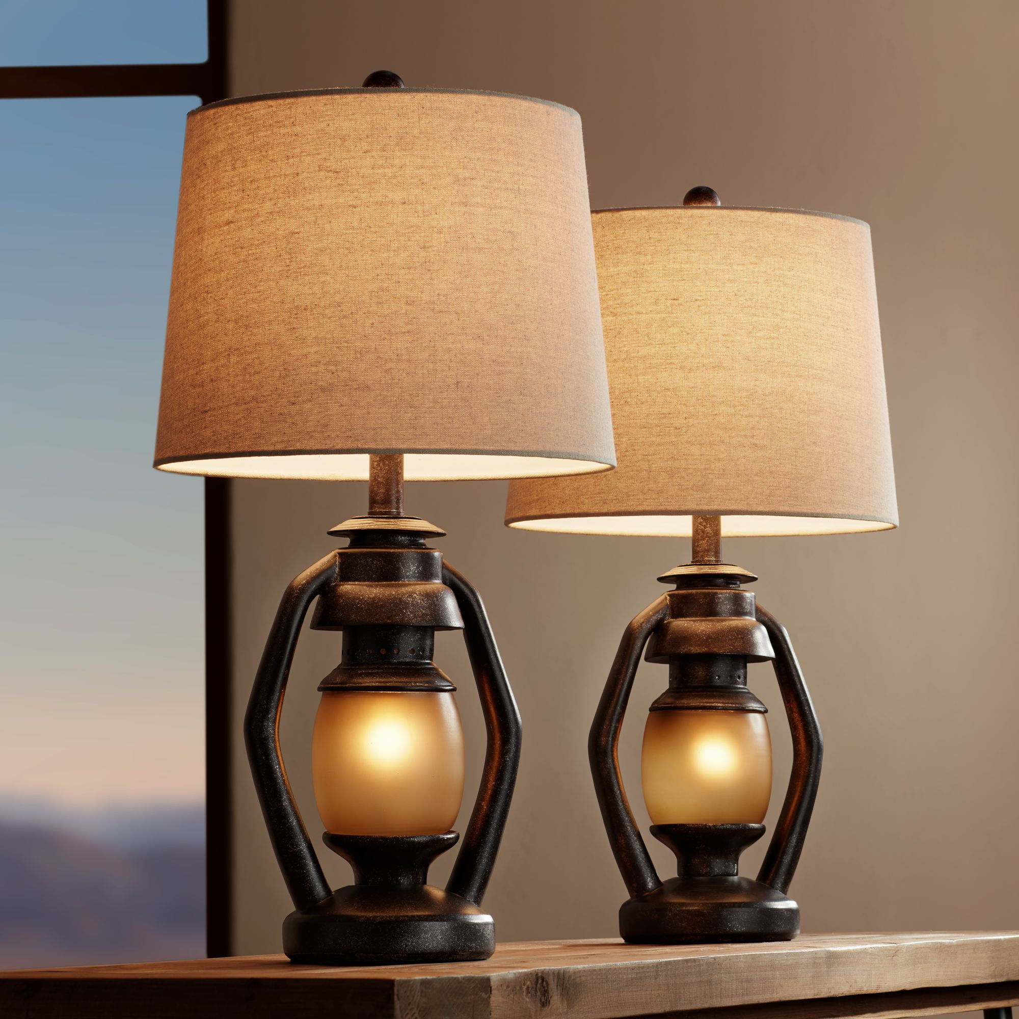 Franklin Iron Works Horace Rustic Table Lamps 25 1/4" High Set of 2 Brown with Nightlight Miner Lantern Oatmeal Drum Shade for Bedroom Living Room