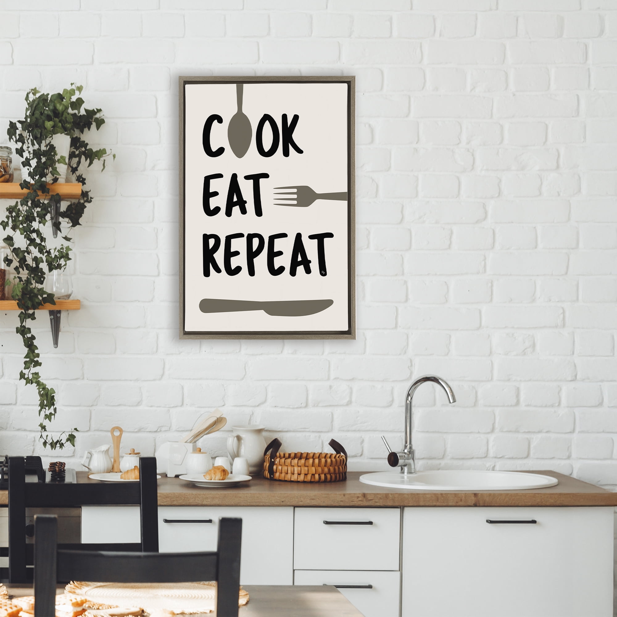 Stupell Industries Cook Eat Repeat with Utensils Brown Framed Floater Canvas Wall Art, design by Martina Pavlova
