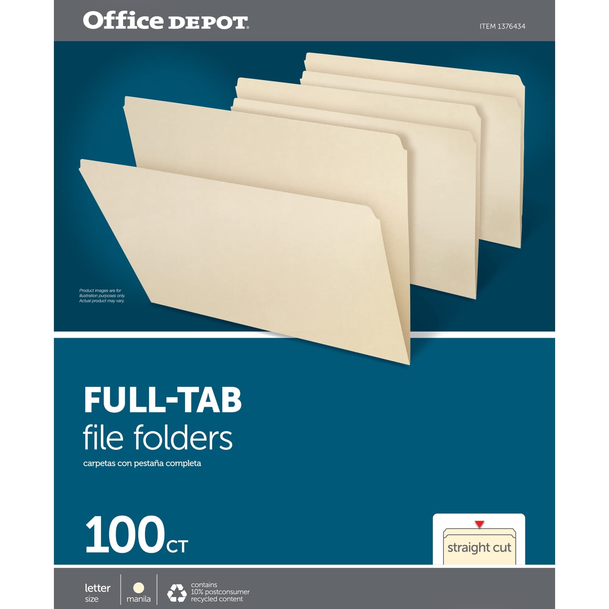 Office Depot Straight Cut Manila File Folders, 3/4in. Expansion, Letter Size, 30% Recycled, Pack Of 100, 97181