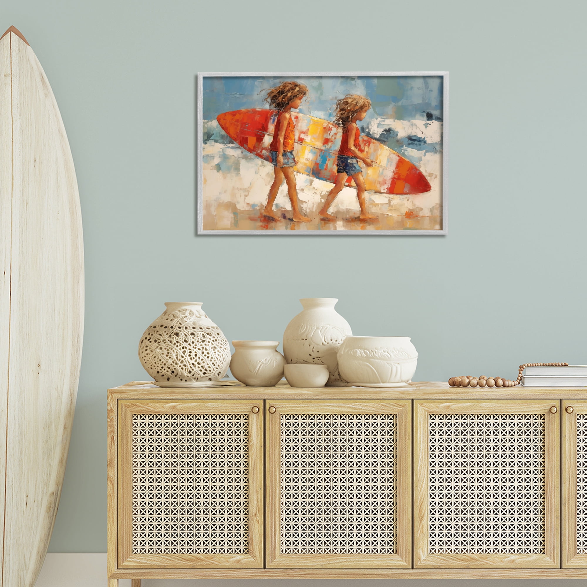Stupell Industries Kids with Surfboard Sports Painting Gray Framed Art Print Wall Art, 30 x 20
