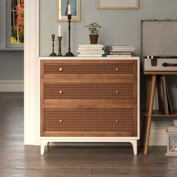Cozayh 3 Drawer Distressed Woven Cane Front Accent Chest With Brass Knobs For Living Room Bedroom Hand Scratched Aging Finish White Walmart Com