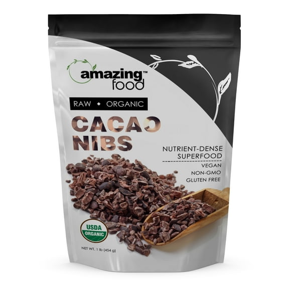 Amazing Food USDA Certified Organic Cacao Nibs 16 Oz Supplement | 28 Grams Per Serving | 16 Servings | Non-GMO | Gluten Free | Made in USA