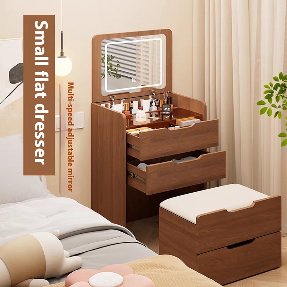 Miniyam Vanity Desk with Lighted Flip Mirror, Drawers and Storage Stool for Adults, Walnut