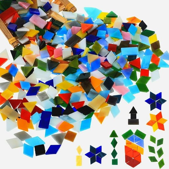 1200 Pieces Mixed Color Mosaic Tiles Stained Transparent Glass Mosaic Assorted Stained Glass Mosaic Tile Square Triangle Rhombus Rectangle Mosaic Glass Pieces for Home Decoration DIY Craft Art Project