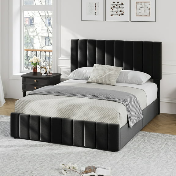 Full Bed Frame with Adjustable Upholstered Velvet Headboard and 4 Storage Drawers, No Box Spring Require
