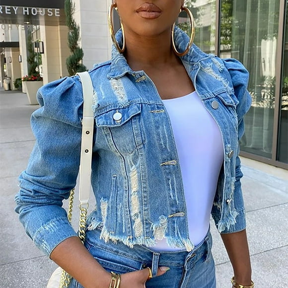 Levmjia Light Jeans Jackets For Women Trendy Street Short Lapel Frayed Breasted Slim Jacket