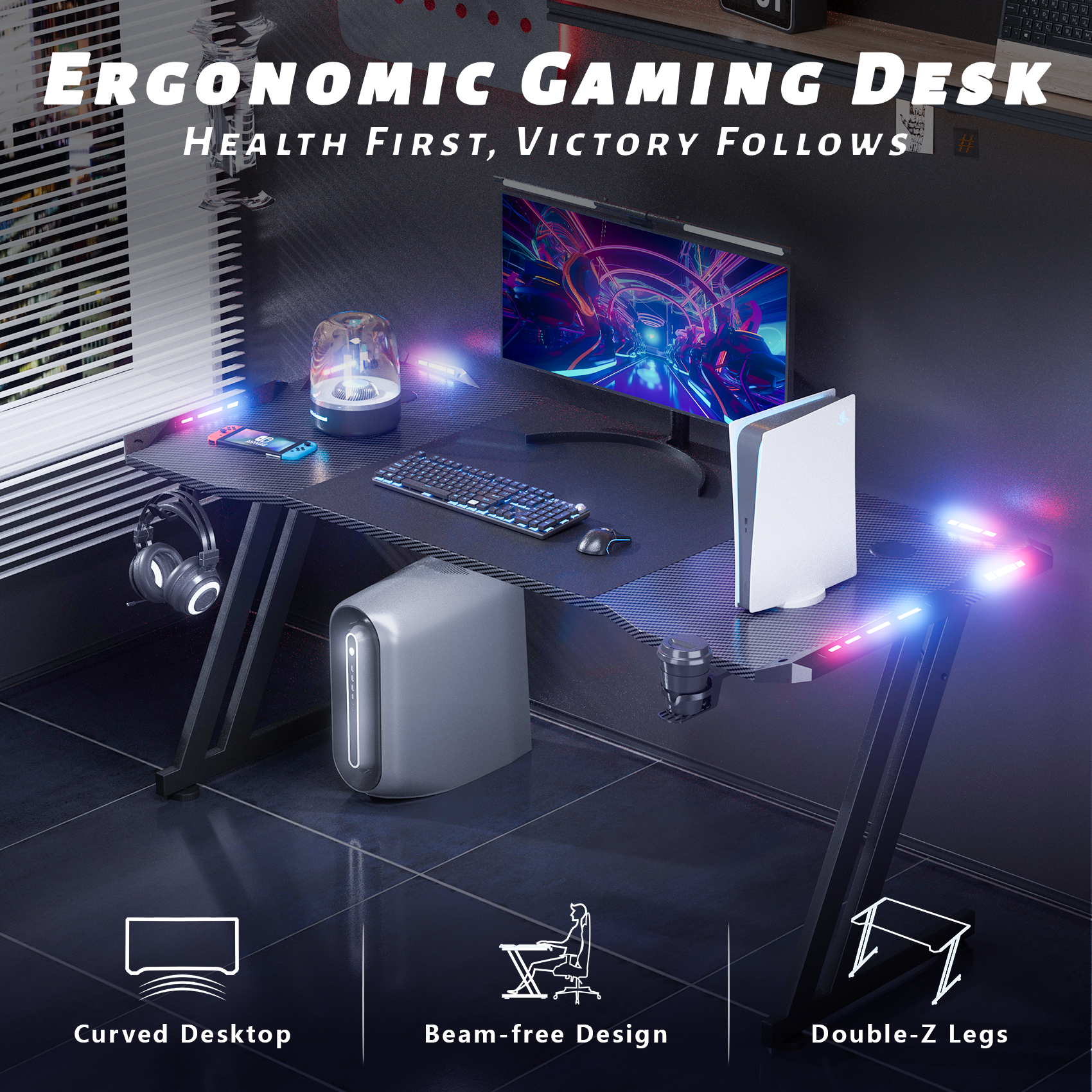 HLDIRECT 47" Gaming Desk with LED Lights, Black photo 2