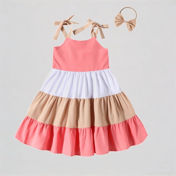 REDARER Toddler Girls Tiered Dress with Bow Straps & Matching Headband 4th of July Patriotic Outfit,3-4 Years
