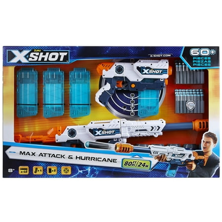 X-Shot Excel Max Attack and Hurricane Foam Dart Blaster Combo Pack (48 Darts 2 Extra Clips 6 Cans) by (Best Dart Shot Ever)