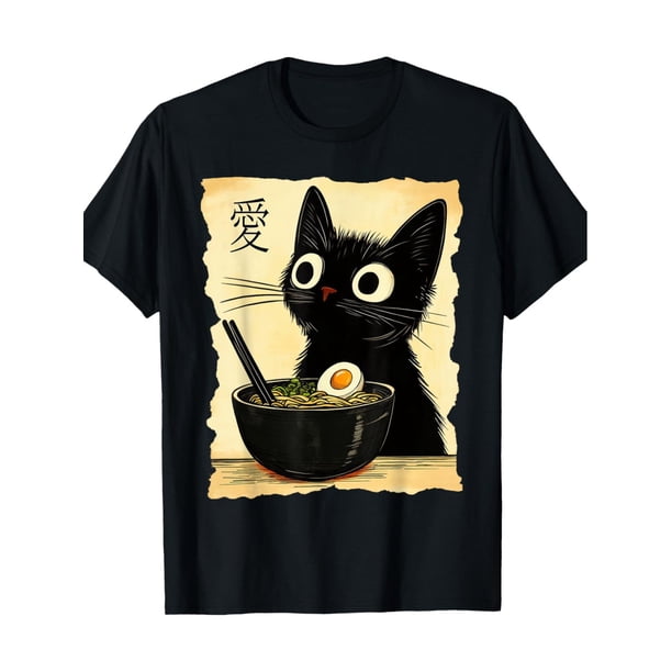 Funny Cat Ramen Graphic Tee Japanese Kawaii Anime Cat T-Shirt-220g 100% Cotton