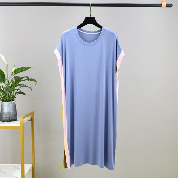 Sakmal Short Sleeve Womens Nightgown Colorblock Lounge Knee Length Modal Nightdress Soft Loose Fit Comfy Crew Neck Loungewear for Women L-3XL