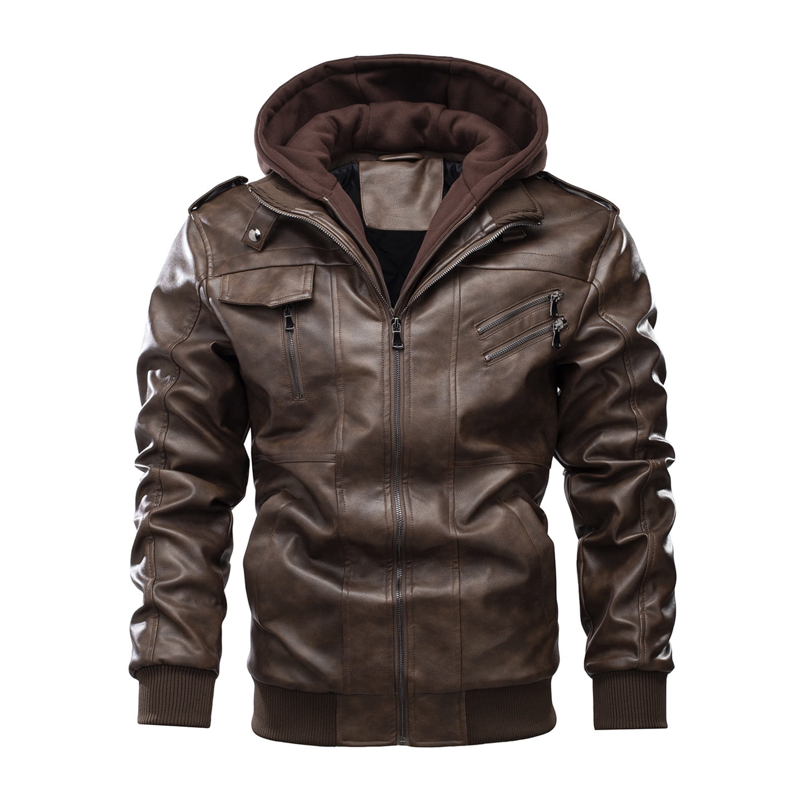 IYTR Men's Winter Warm Faux Leather Hooded Jacket with Hood Thickened Fleece Lined Pockets Zipper Motorcycle Outwear Coats Coffee L