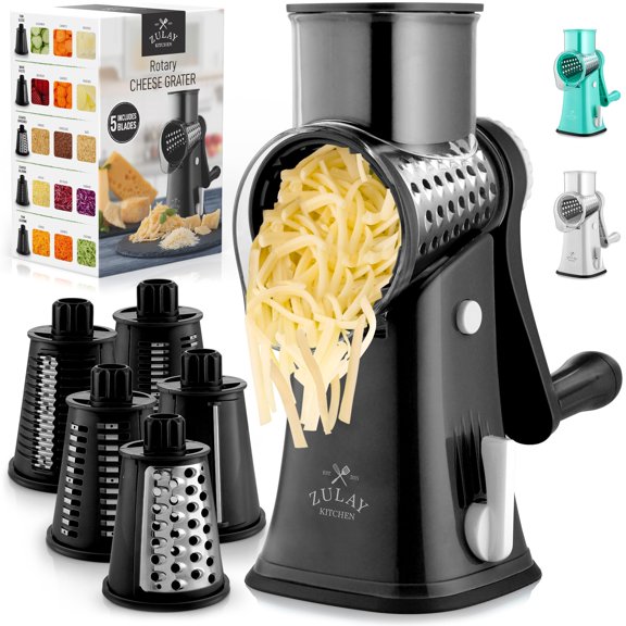 Zulay Kitchen Rotary Cheese Grater with 5 Interchangeable Stainless Steel Blades (Black)