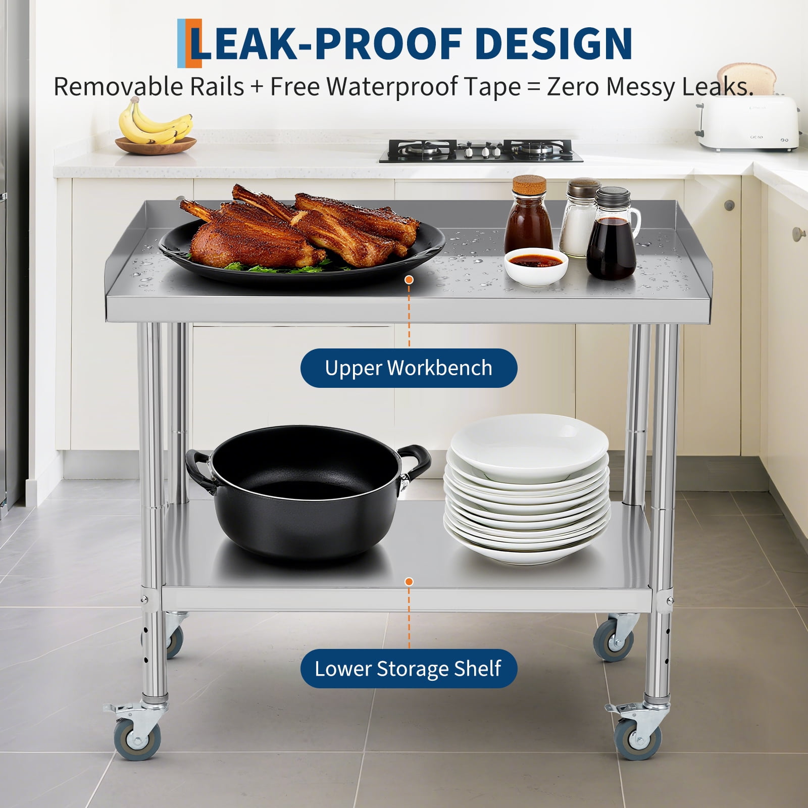Ataujin Heavy-Duty Stainless Steel Table on Wheels with Removable backsplash. Commercial Food Prep Worktable, A Versatile NSF Commercial-Grade cart for Food Service, Restaurant & Bar