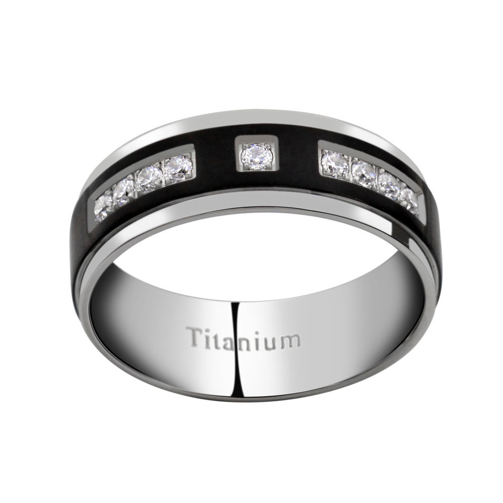 8mm Titanium Black Center Strip Round Cut Cubic Zirconia Men's Wedding Ring 