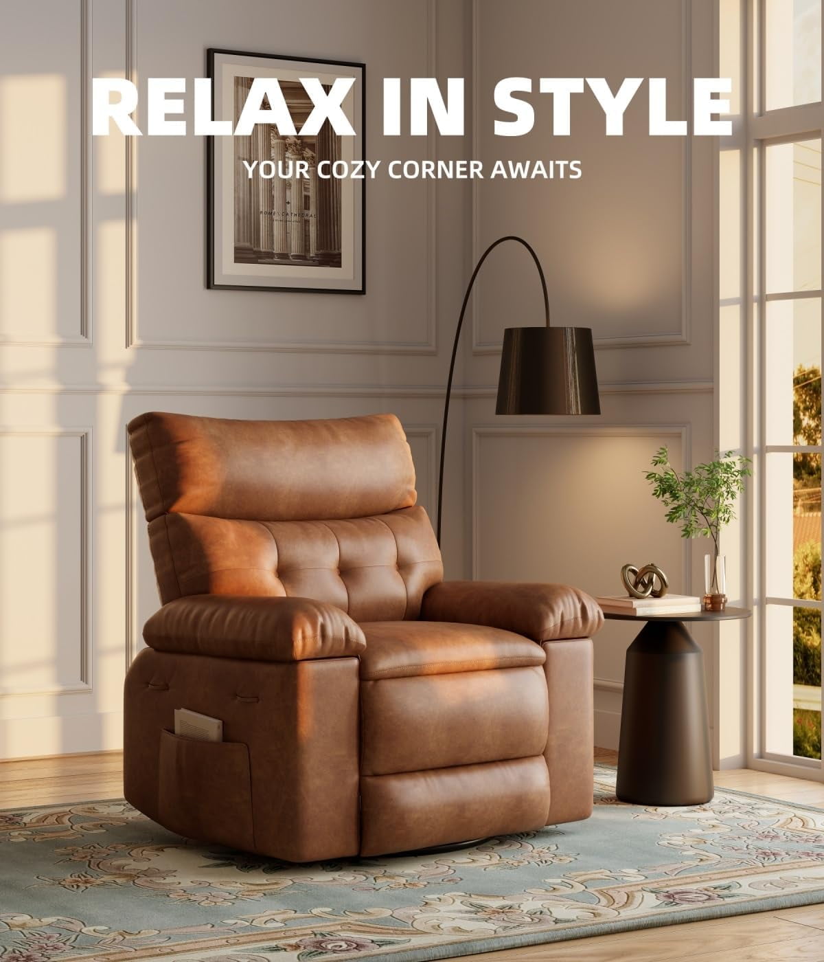 Oversized Recliner Chairs with Massage and Heat - 360° Swivel Lazy Rocking Chair for Adults with Remote Control for Living Rooms, Bedrooms and Nurseries - Coffee
