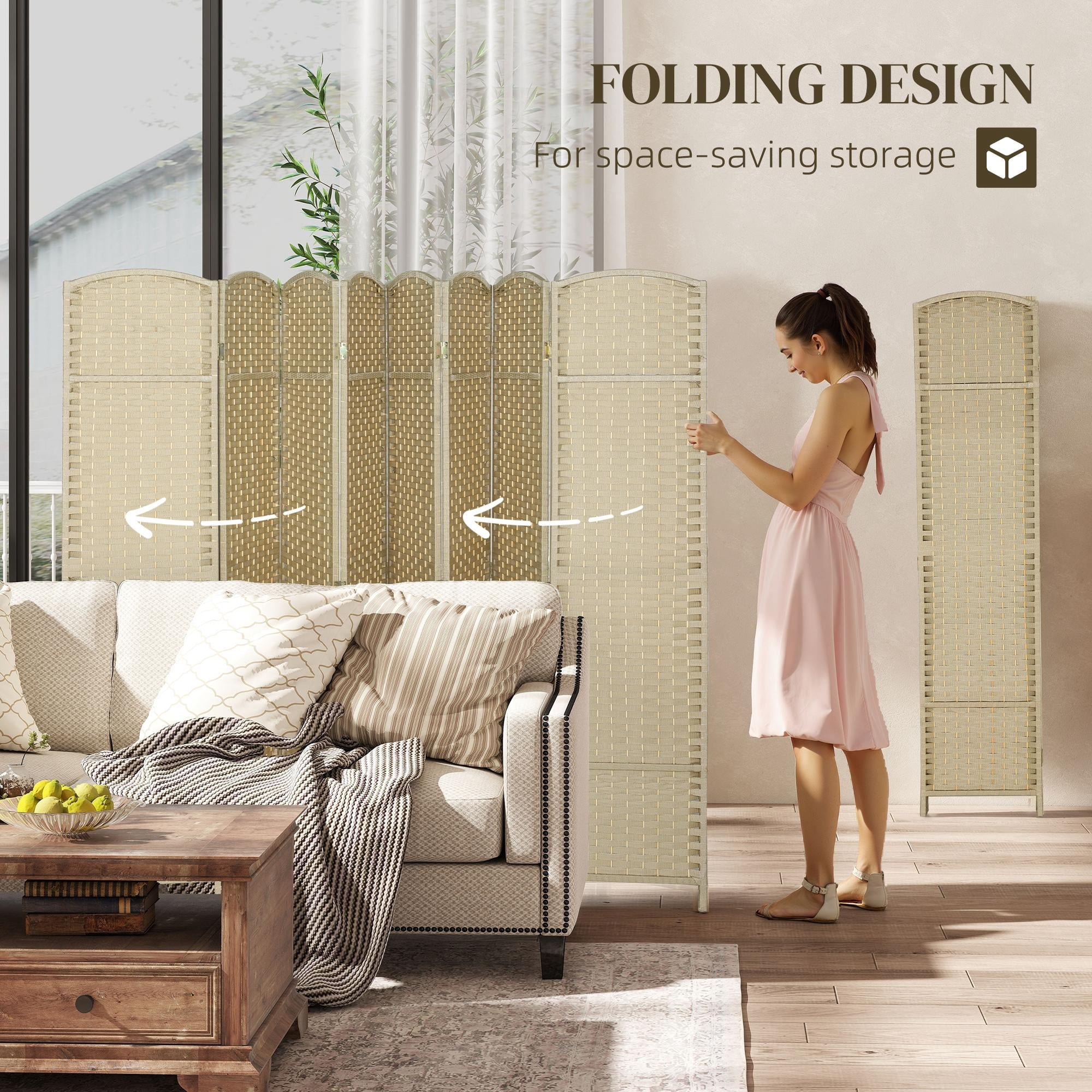8 Panel Folding Room Divider 5.6' (66.9") Tall Privacy Screen, Freestanding Polypropylene Woven Partition with Pine Wood Frame for Home Office, Beige