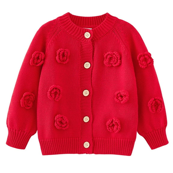 Girls' Handmade Flower Knit Cardigan Round Neck Long Sleeve Sweater Jacket