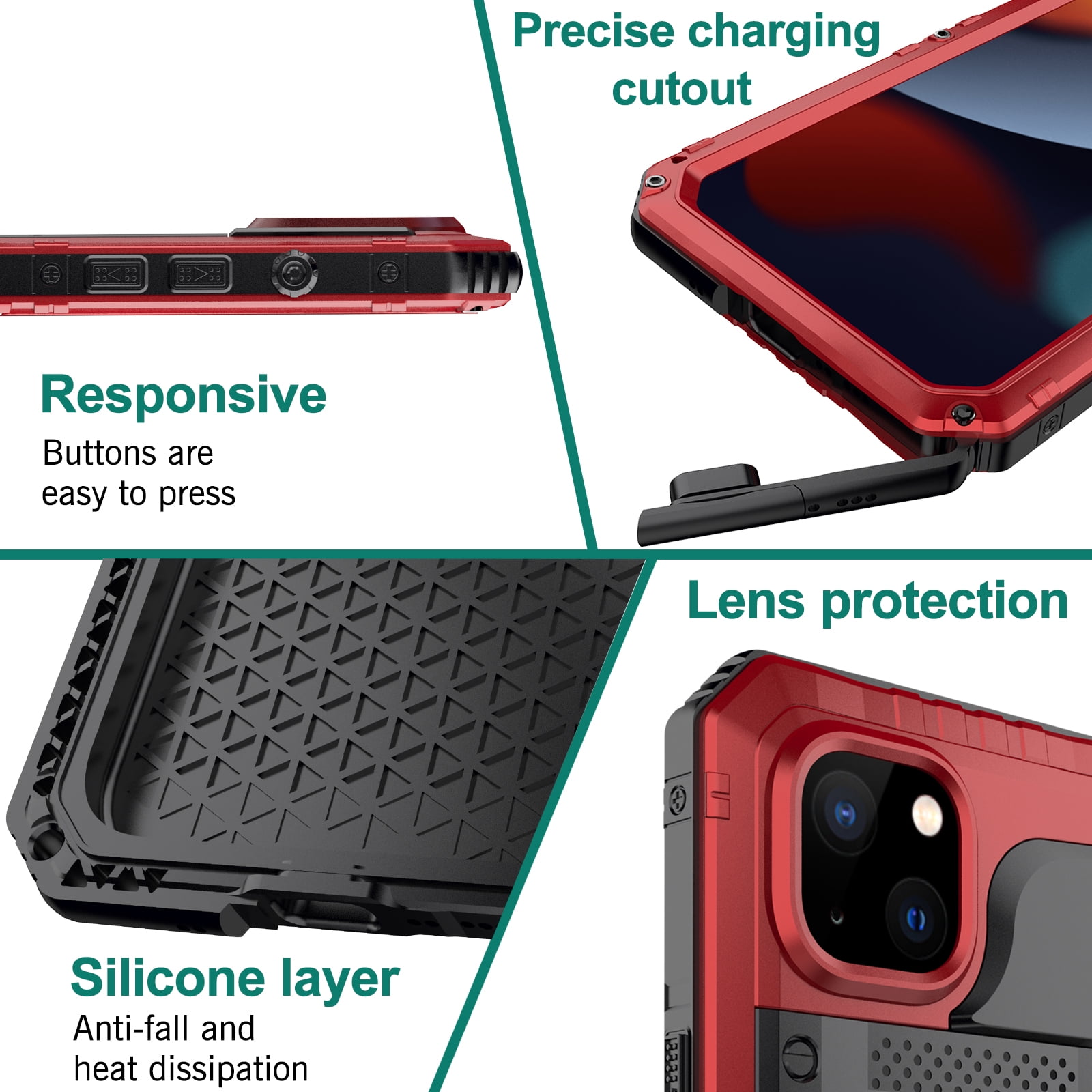 for iPhone 13 Case, Military Grade IP68 Waterproof Dustproof Shockproof Full Body Sealed Underwater Case with Built-in Screen Protector Heavy Duty Metal Rugged Defender Phone Case,Red