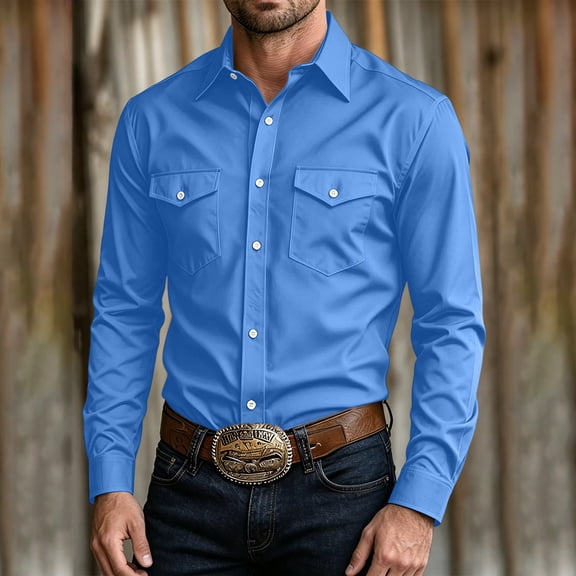 LYSMORA Mens Lapel Long Sleeve Western Button Down Shirt Dual Snap Chest Pockets Solid Woven Casual Cowboy Shirt