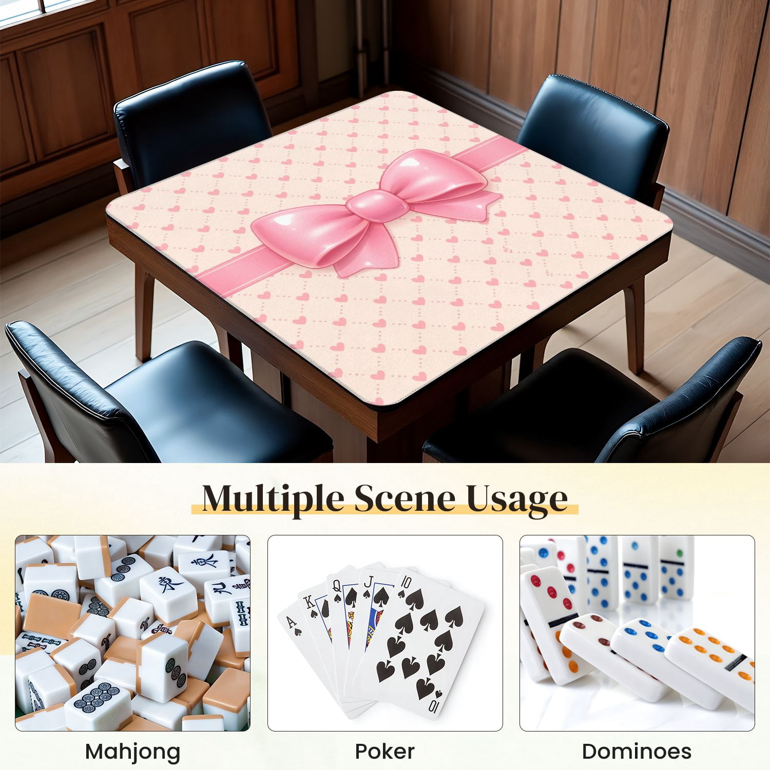 Mahjong Mat 31.5" x 31.5" Cute Pink Ribbon Bow Heart Non-Slip Noise Reduction Mahjong Tiles Table Cover for Dominoes Poker Card Board and Tile Games
