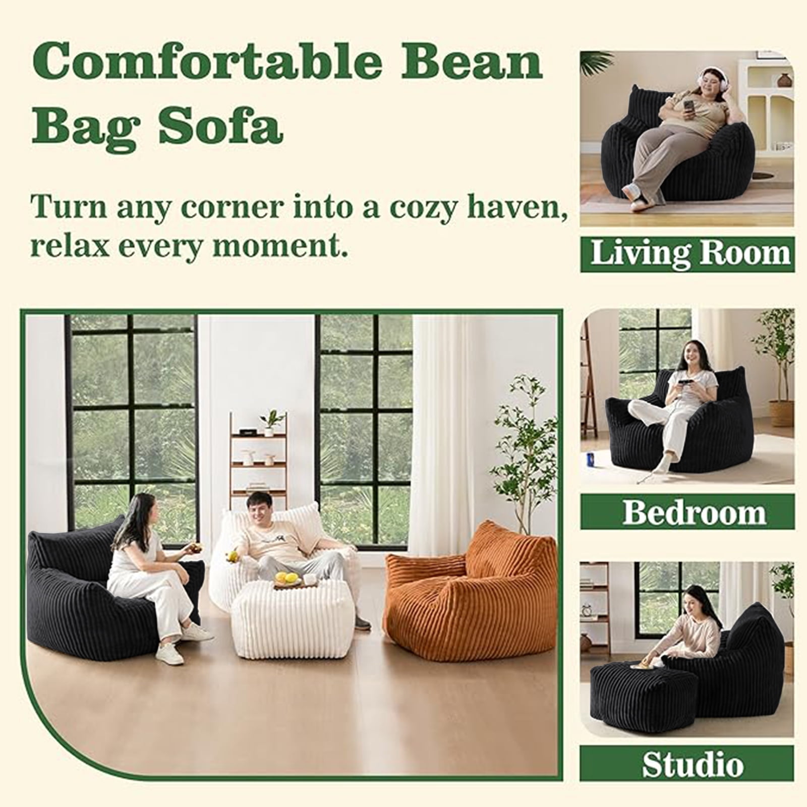 Sofa Chair with Ottoman, 5-Zone Ergonomic Support Suede Chair, High-Rebound Foam and Wide Armrests, Compact Boxed Delivery for Small Apartments, Black