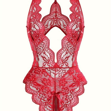 hghfhj Hot Floral Lace Scallop Trim Teddy Deep V Cut Out Open Crotch Bodysuit Womens Sexy Lingerie & Underwear