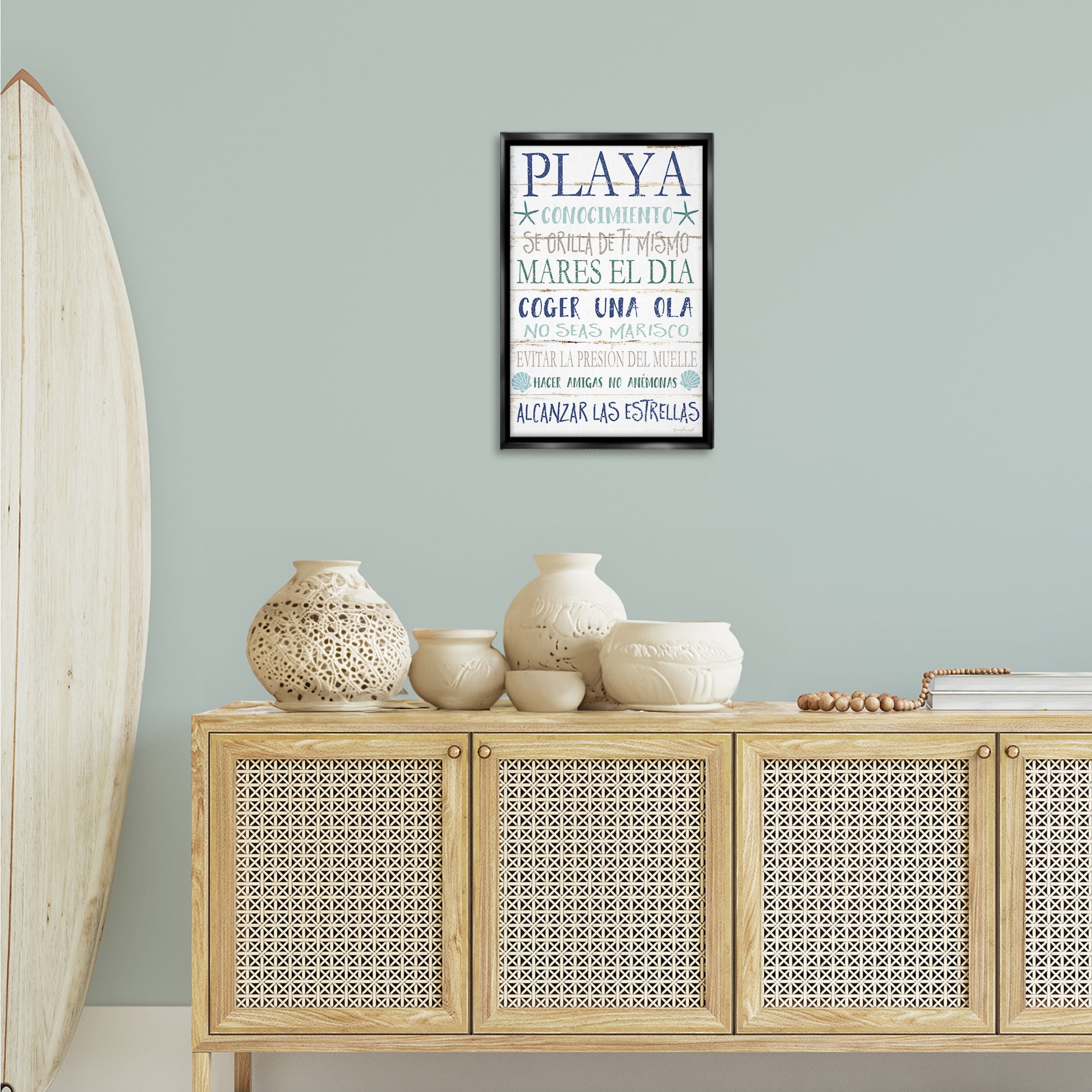 Stupell Industries Frases Felices De Playa Beach Painting Black Floater Framed Art Print Wall Art, 17 x 25