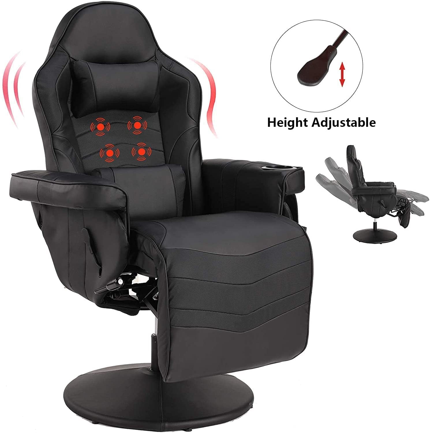 LVUYOYO Massage Video Gaming Recliner Chair Ergonomic Backrest & Seat Height Adjustment Swivel Recliner PU Leather High Back Computer Office Chair with Cupholder, Headrest, Lumbar Support, Footrest