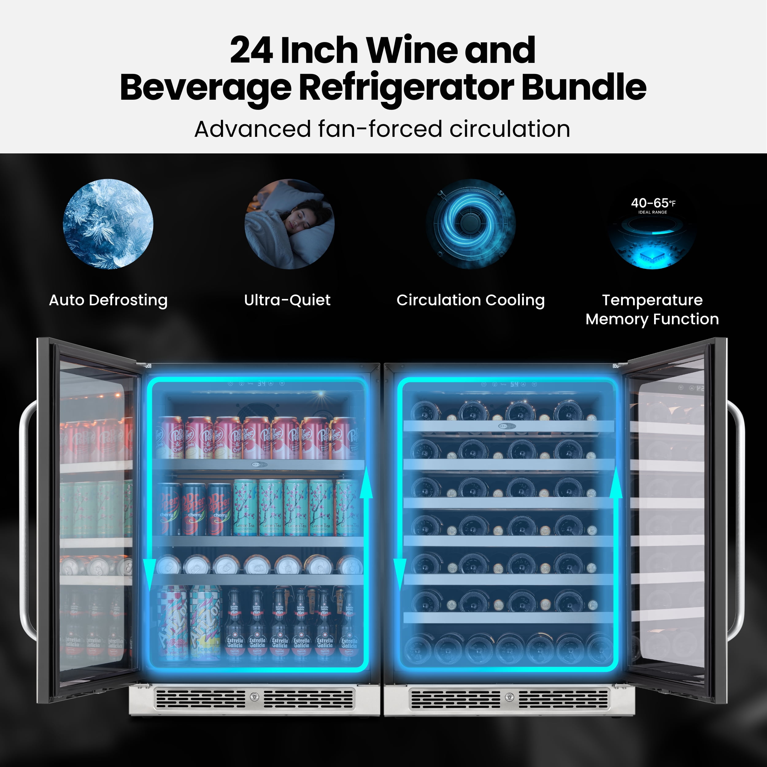 Whynter 48" Wine Cooler and Beverage Refrigerator - 2×24'' Wine Cooler Side by Side - Dual Zone Under Counter Fridge, Hold 140 Cans and 54 Bottles