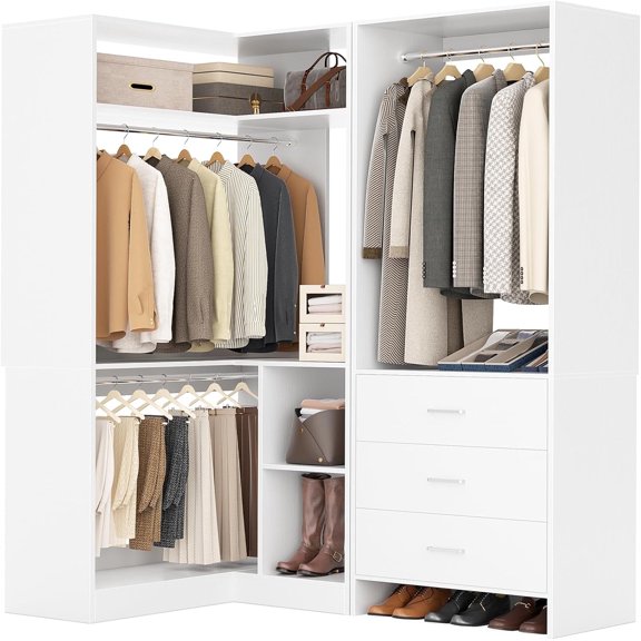 Homieasy Closet System with 3 Drawers, 2 Hanging Rods & Corner Tower, Corner Closet System with Hanging, L-Shaped Walk-In Wardrobe Organizer, 1300 lbs Capacity, Set of 2, White