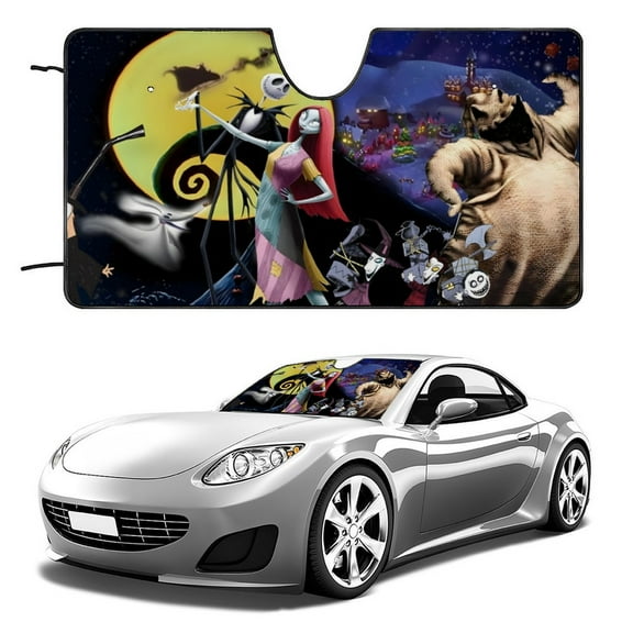 Nightmare Before Christmas-theme Windshield Sun Shade Front Protector Folding Car Sun Visor Blocks Uv Rays Keeps Your Vehicle Cool52in*28in(130cm*70cm)