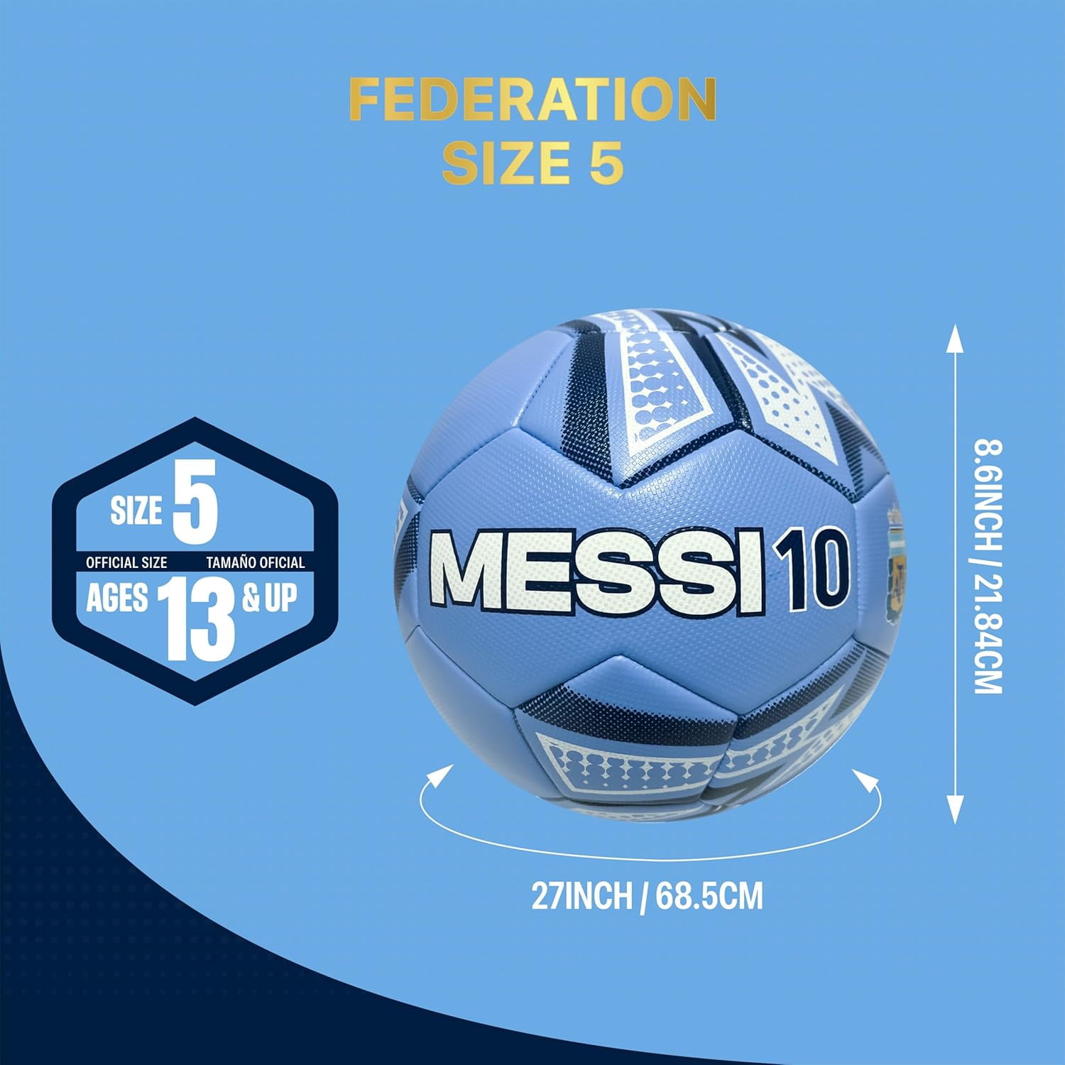 Icon Sports Officially Licensed Argentina National Football Team Soccer Ball Light Blue Thunder Number 10 - Size 5 Ball