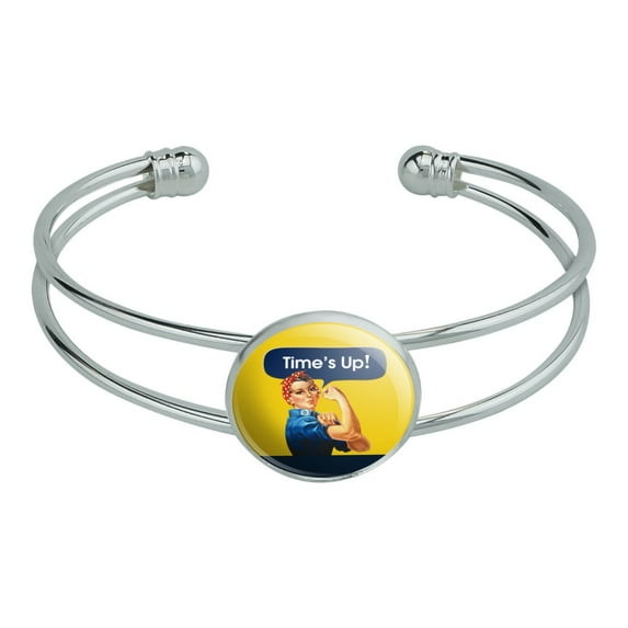 Time's Up Says Rosie the Riveter Novelty Silver Plated Metal Cuff Bangle Bracelet