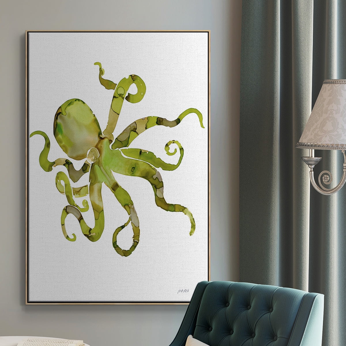 Octopus Framed Premium Gallery Wrapped Canvas - Ready to Hang - 27 x 41 - Natural Wood Floating Frame