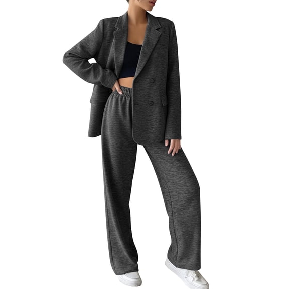 Women's Casual Blazer Sweat Suit Double Breasted Jackets Soft Sweatpants Fall Winter Fashion Two Piece Set Dark Gray M