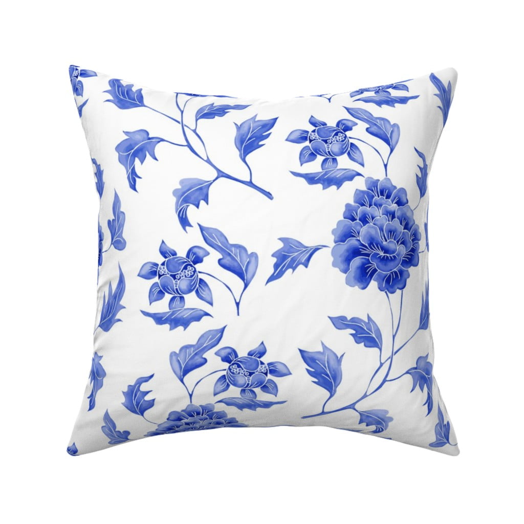 White Blue Floral Chinoiserie Throw Pillow Cover w Optional Insert by Roostery