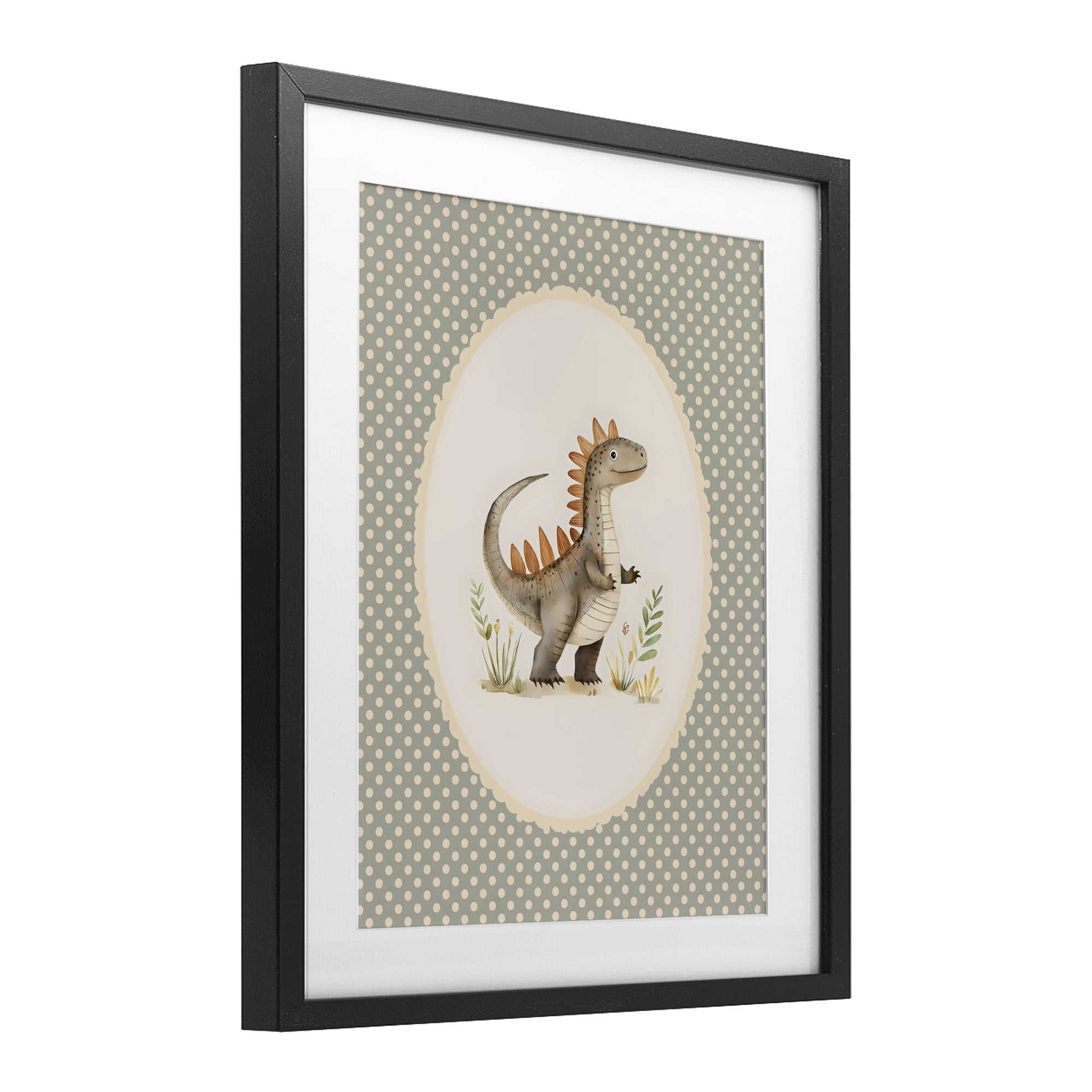 Stupell Industries Watercolor Dinosaur Polka Dot Border Black Framed Print Under Glass, design by LSR Design Studio