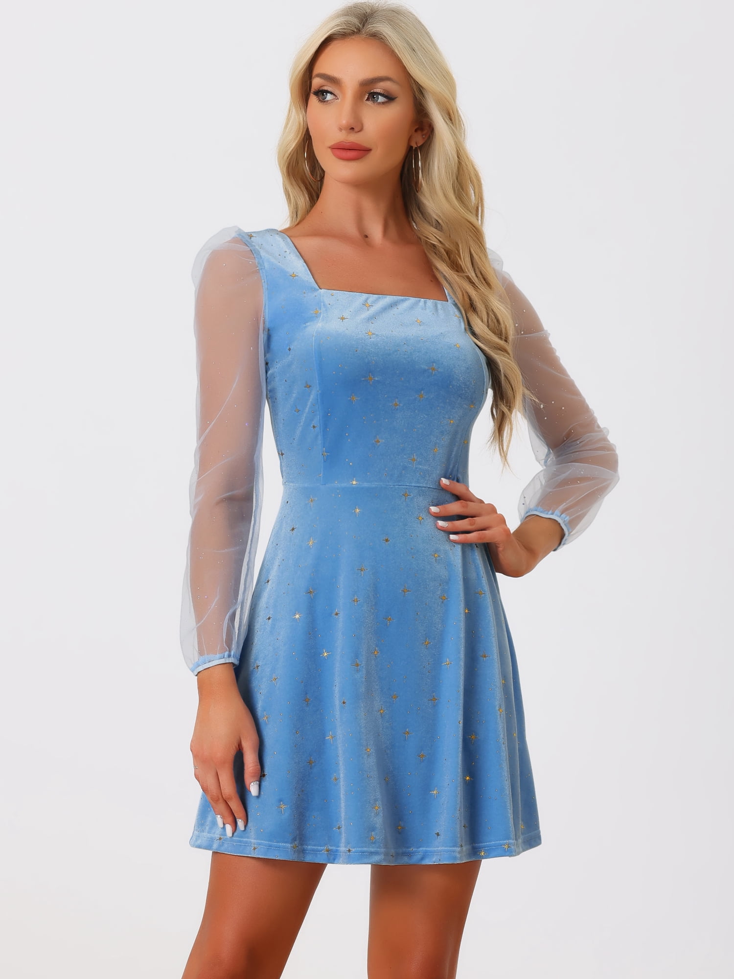 DARING DIVA Square Neck Mesh Sheer Sleeve Glitter Star Velvet Mini Dress M Sky Blue