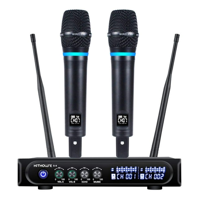Kithouse S9 UHF Système de Microphone Sans Fil Rechargeable Microphone de Karaoké Micro Sans Fil Sans Fil Double avec Boîtier Récepteur Bluetooth + Contrôle du Volume Écho fo
