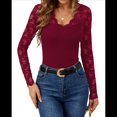thumbnail image 2 of Blusa de Larga con Cuello en V y Encaje de con Bordado Floral para Mujer Vino Tinto XXL, 2 of 9