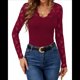 thumbnail image 2 of Blusa de Larga con Cuello en V y Encaje de con Bordado Floral para Mujer Vino Tinto M, 2 of 9