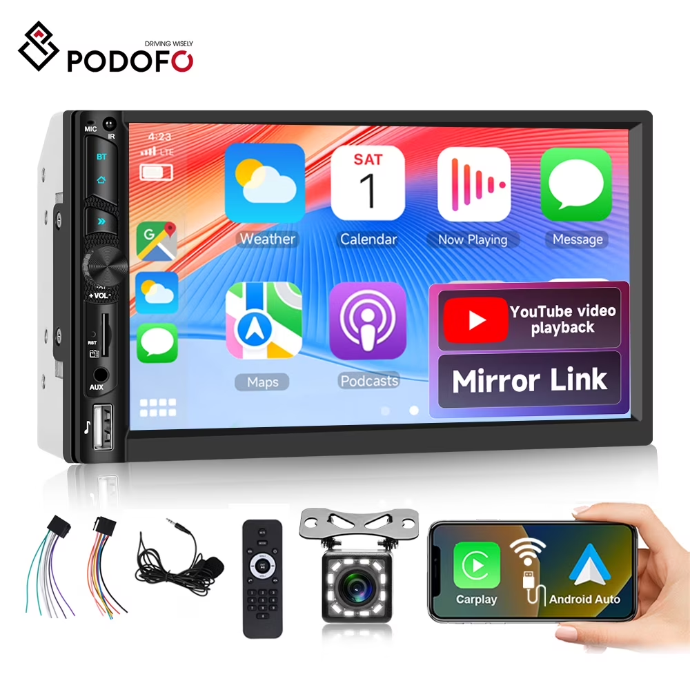 Podofo 7" Double Din Car Stereo Radio with Wireless CarPlay & Android Auto/Bluetooth 5.0/SWC+Backup Camera