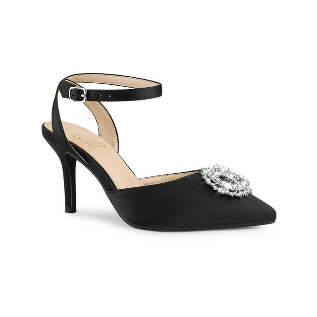 BLISSFUL STEP Rhiness Ankle Strap Stiletto Heel Pumps for Women Black 6