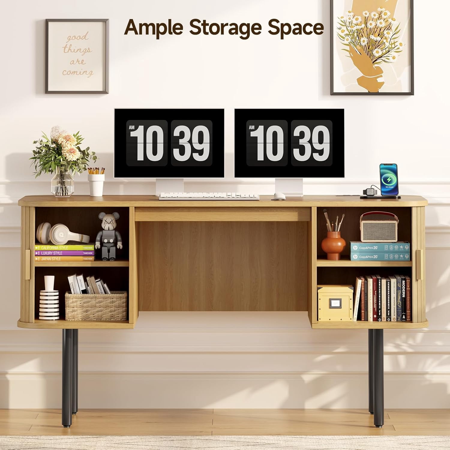 55-Inch Oak Fluted Computer Desk with Charging Station and 2 Storage Cabinets, Mid-Century Executive Desk for Home Office