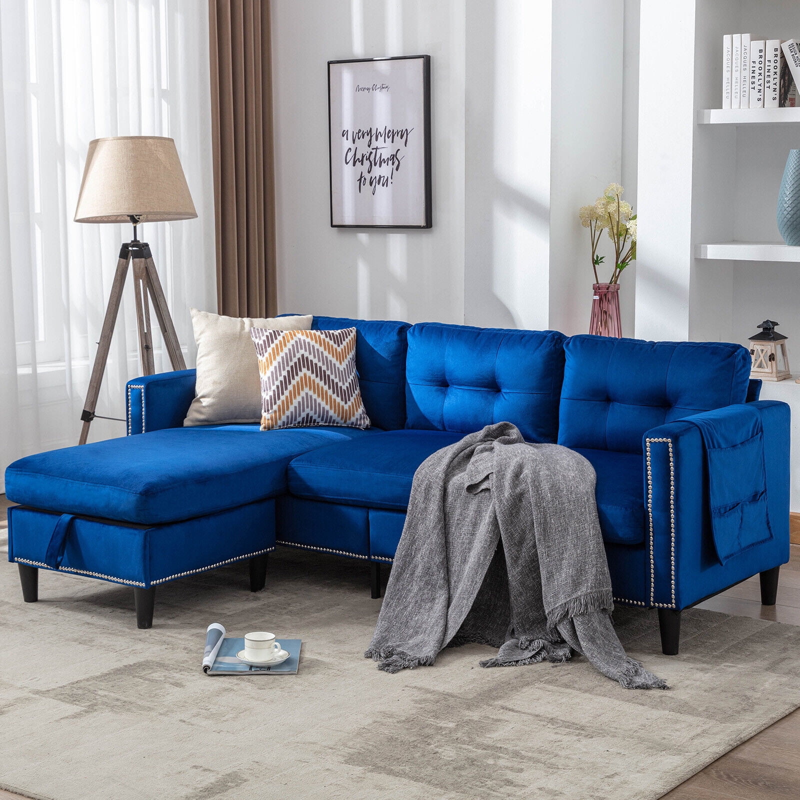 Seating Couches Reversible Sectional Sofa Sleeper Blue Velvet