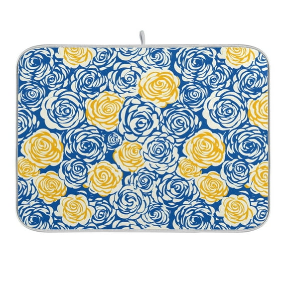 Blue Yellow Rose Dish Drying Mat 16x18 Absorbent Microfiber Draining Rack Pad for Kitchen Counter Sink