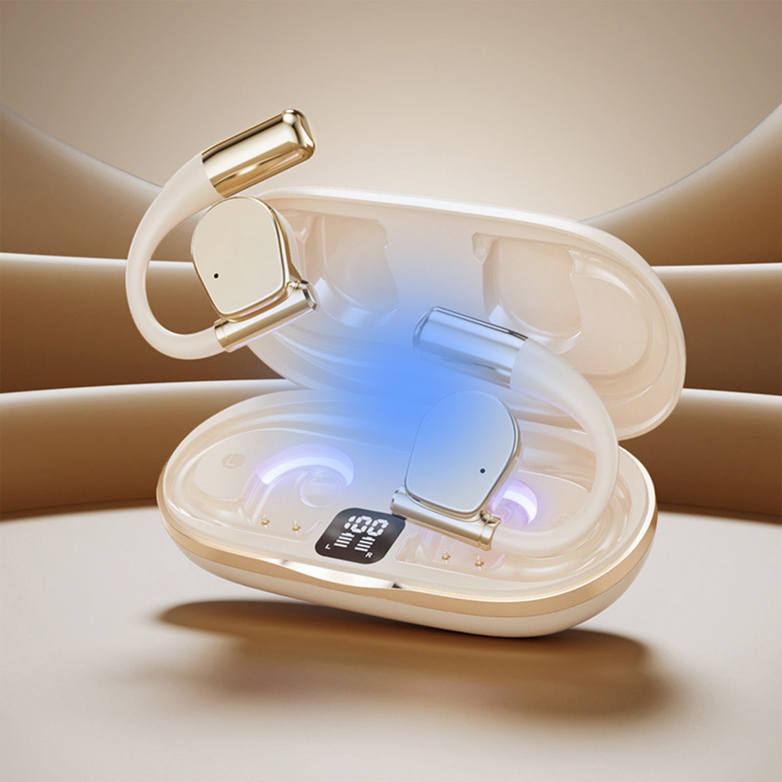 Nkmbld Wireless Earbuds Wireless Bluetooth Earphones Open End Non in Ear HD Call Digital Display Earphones, Beige