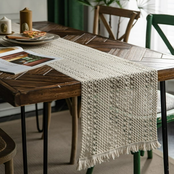 Nvzi table flag cotton linen splicing solid color woven tassel natural material table flag desktop decoration (white, 50 * 30cm)